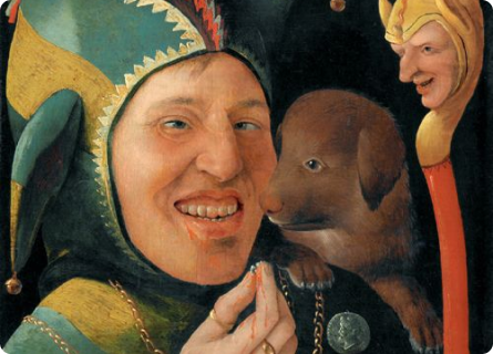 a 16th century painting of a jester with a scepter and a puppy