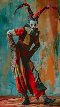 A performer dressed in a vibrant patchwork jester costume featuring red, orange, yellow, blue, and beige tones, with a dramatic ruffled collar and a two-pointed hat ending in small balls.