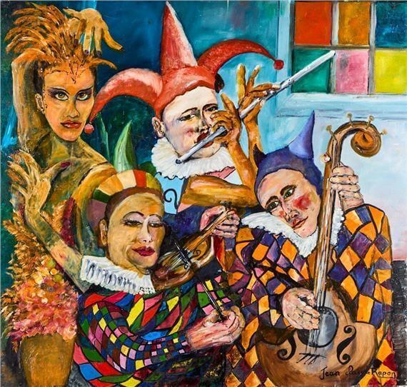 A vibrant painting depicting four costumed musicians and one dancer in theatrical jester-inspired attire. Each performer wears elaborate, multicolored outfits with exaggerated features like ruffled collars, pointed shoes, and dramatic makeup.