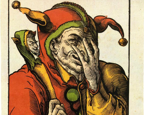 A jester shown with a marotte in a 1540 woodcut by Heinrich Vogtherr the Younger