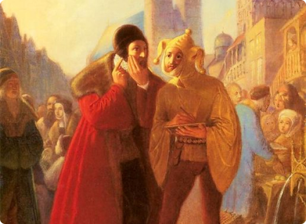 painting of a monarch whispering something to stanczyk the fool out on the streets of poland