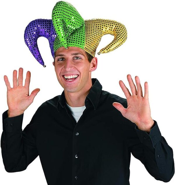 Man in Mardi Gras sequin jester hat