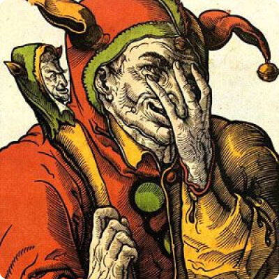 painting of jester with an evil smile holding a scepter