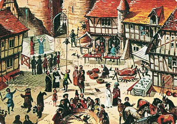 old medieval marketplace drawing, drawing of people enjoying in medieval fairs