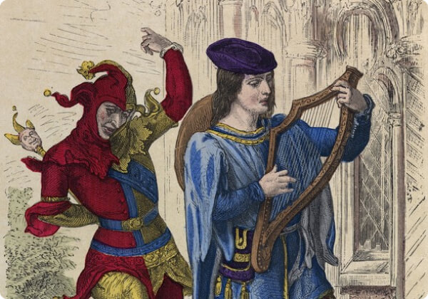 Musician and Court Jester water colour engraving by Gerlier