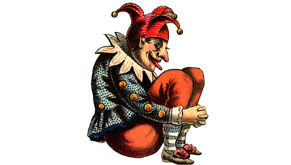 Engraving of a jester with his tongue out from an old Trade card