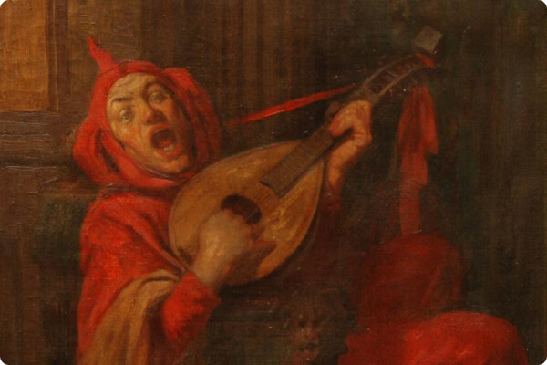 painting of a jester in red playing a lute