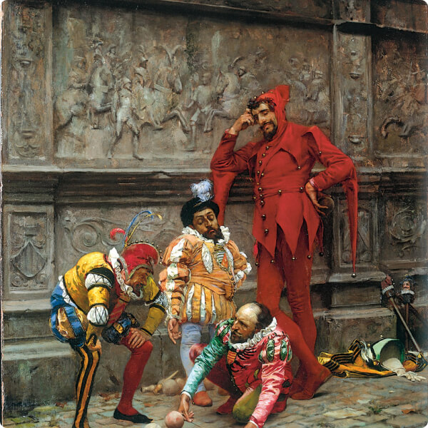 painting of colorful Jesters Playing “Cochonnet” - Eduardo Zamacois