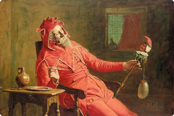 painting of an older court jester in red outfit talking to his scepter