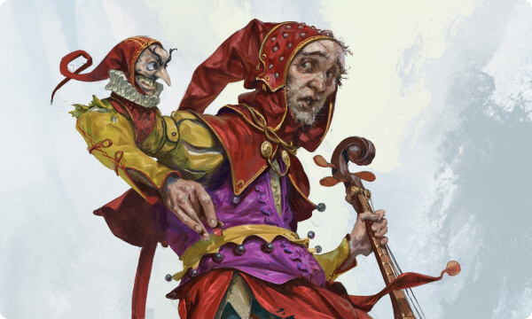 painting of an old jester holding a lute with a scared expression on his face