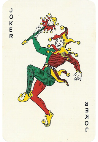 illustration of a jester in half-green-half-red overalls and ball cap on a playing card