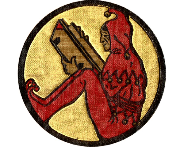 engraving of a jester in red reading a brown book