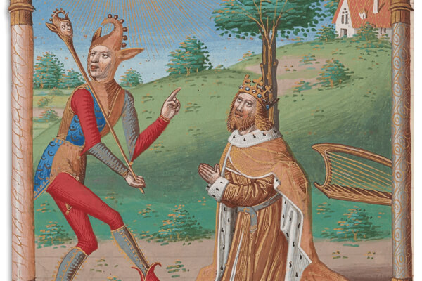 God, King David, and Jester illustration in Psalterium Caroli VIII
