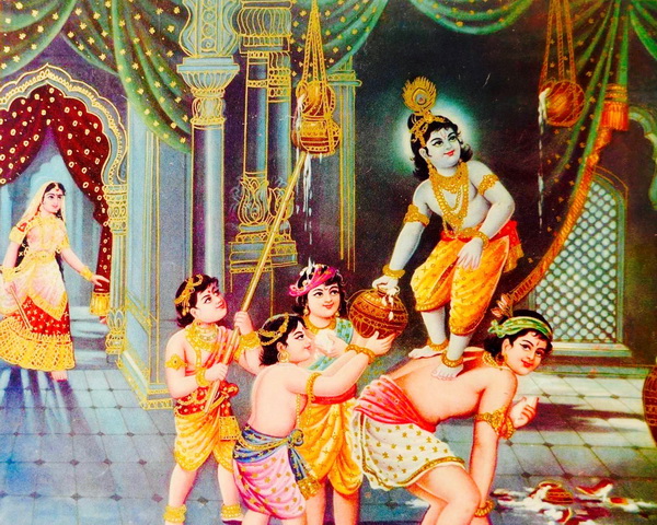 Krishna as a young child stealing butter with his friends