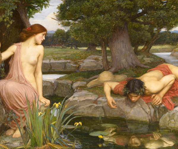 Painting of Echo and Narcissus at a pond, painted by John William Waterhouse