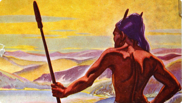 maori warrior holding a spear, standing a the top of a snow covered mountain, looking out over the land below