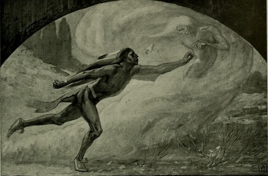 E. W. Deming depiction of Nanabozho chasing the spirit of Mischief, 1900, Courtesy of The American Museum Journal