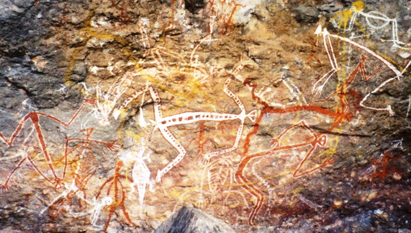 Australian Aboriginal art, rock painting of Mimi spirits in the Anbangbang gallery at Nourlangie, in Kakadu National Park.