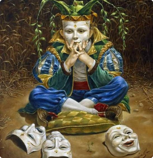 surreal painting of a jester sitting cross-legged on a pillow in a wheat field holding a contemplative mask to his face, with masks of other expressions strewn around in front of him