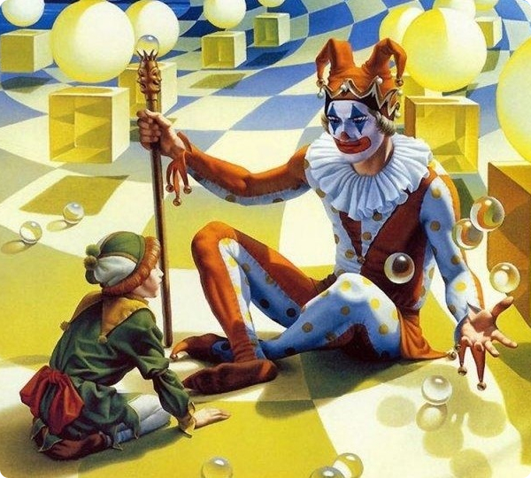 psychedelic painting of a jester sitting on a moving multi-coloured floor with a kid, and different shapes floating around them