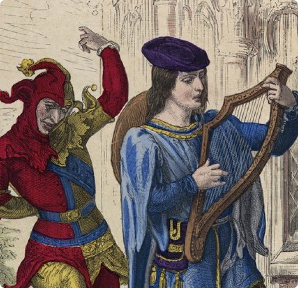 Court Jester making fun of a musician in a medieval painting