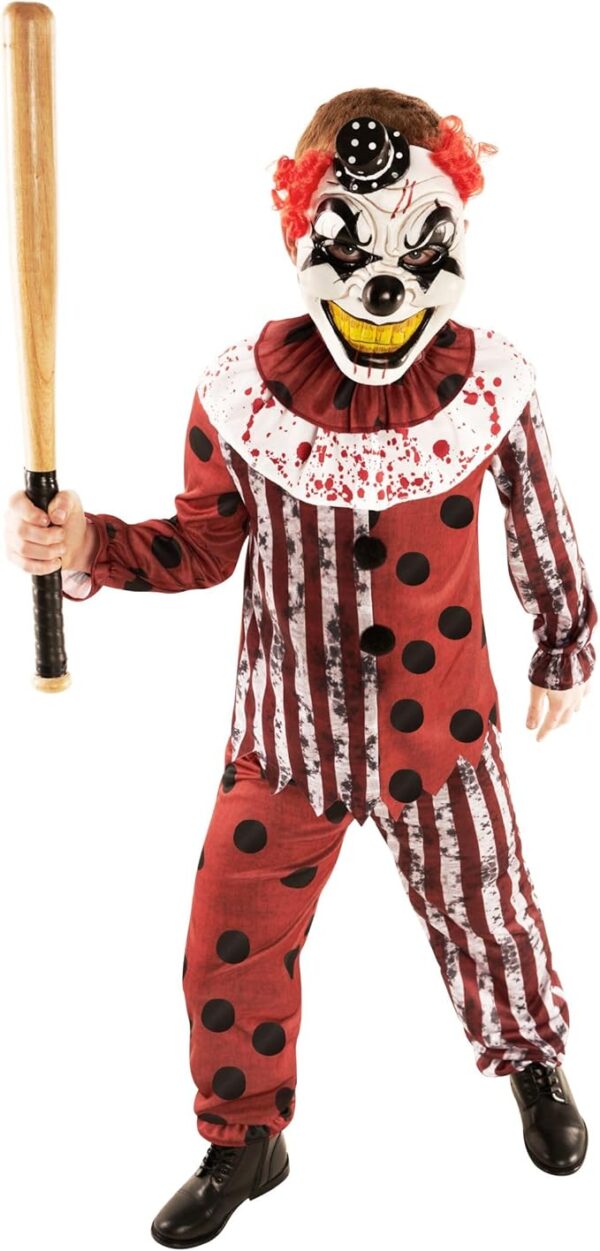 creepy killer clown costume holding a bat