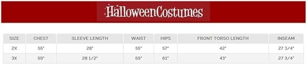 classic clown costume size chart