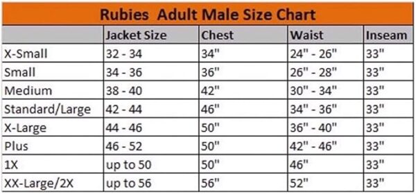clown costume size chart