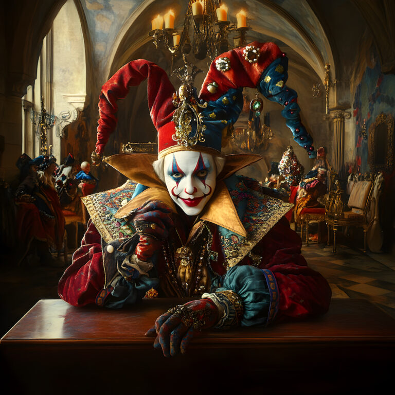 A colorful jester in an ornate room with chandeliers.