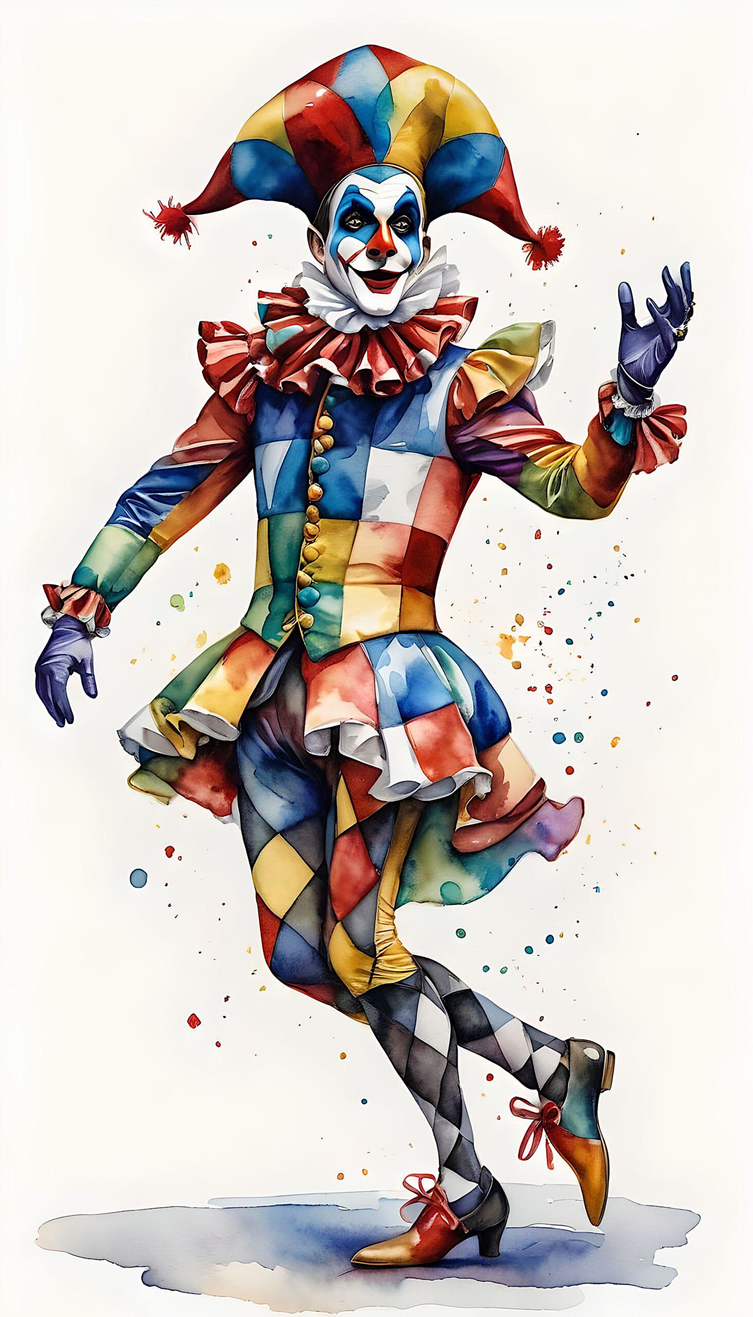 Colorful jester in a patchwork costume striking a pose.