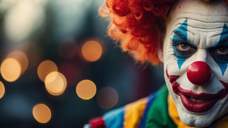 Close-up of a clown in colorful makeup and costume with bokeh lights