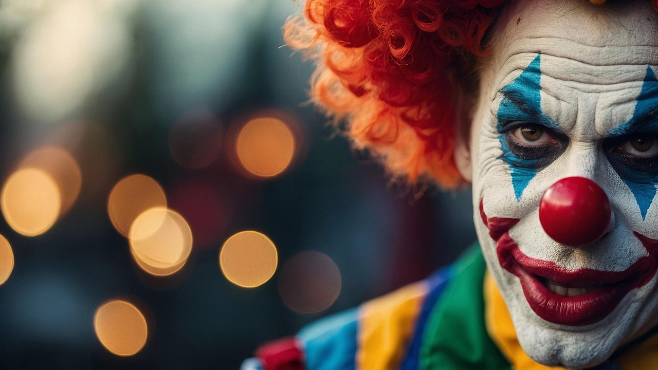 Close-up of a clown in colorful makeup and costume with bokeh lights
